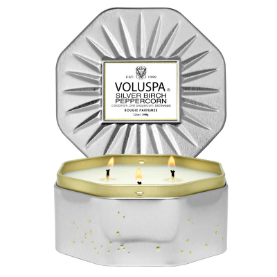 Voluspa Mini Tin Candle Silver Birch Peppercorn