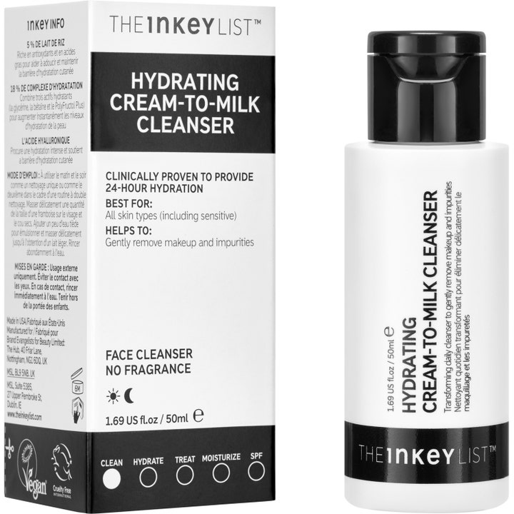 The INKEY List Hydrating Cream to Milk Cleanser 50 ml kosteuttava puhdistusaine valkoisessa pullossa ja pakkauksessa.
