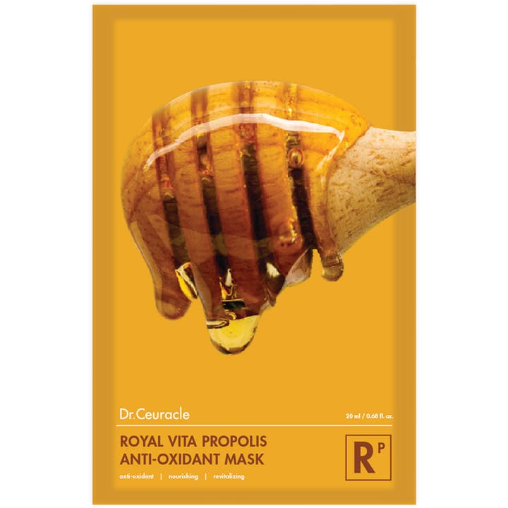 Dr. Ceuracle Royal Vita Propolis Anti-Oxidant Mask 20 ml elvyttävä kangasnaamio keltaisessa pakkauksessa hunajakuvalla.