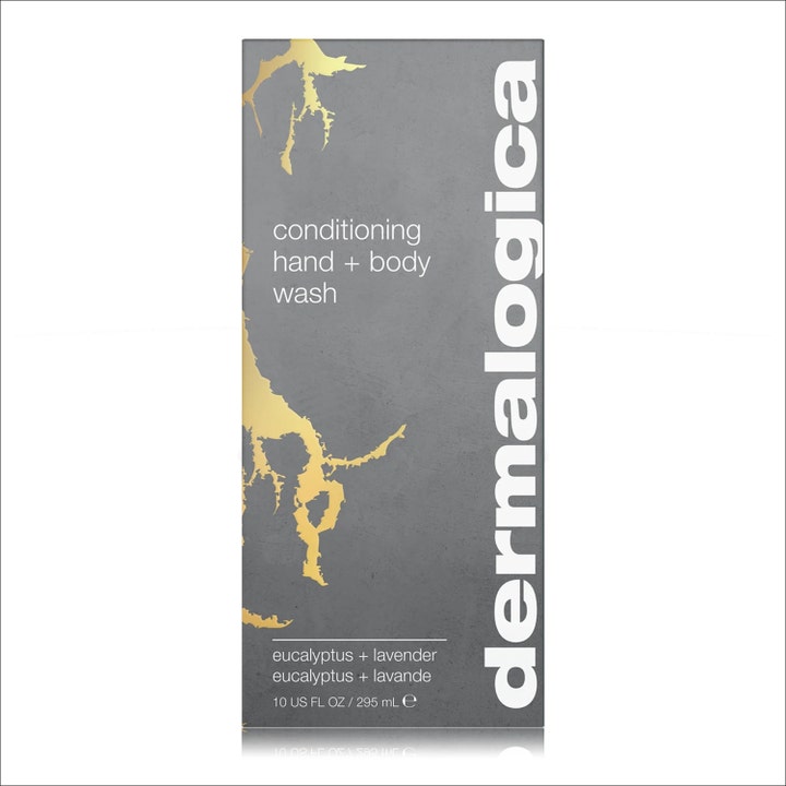 Dermalogica Conditioning Body Wash 295 ml puhdistava suihkugeeli harmaassa kultakuvioidussa pakkauksessa.