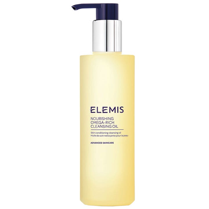 Elemis Nourishing Omega-Rich Cleansing Oil 195 ml puhdistusöljy keltaisessa pullossa tummansinisellä pumpulla.