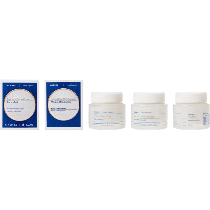 KORRES Greek Yoghurt Probiotic SuperDose Face Mask 100 ml ravitseva kasvonaamio valkoisissa purkeissa ja pakkauksissa.