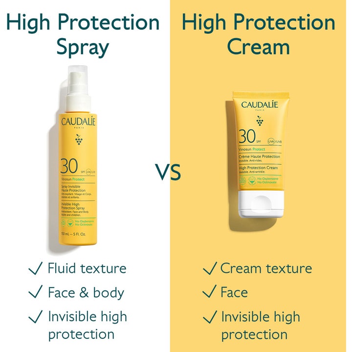 Caudalie Vinosun High Protection Spray 150 ml aurinkosuihke vertailussa keltaiseen aurinkovoiteeseen.