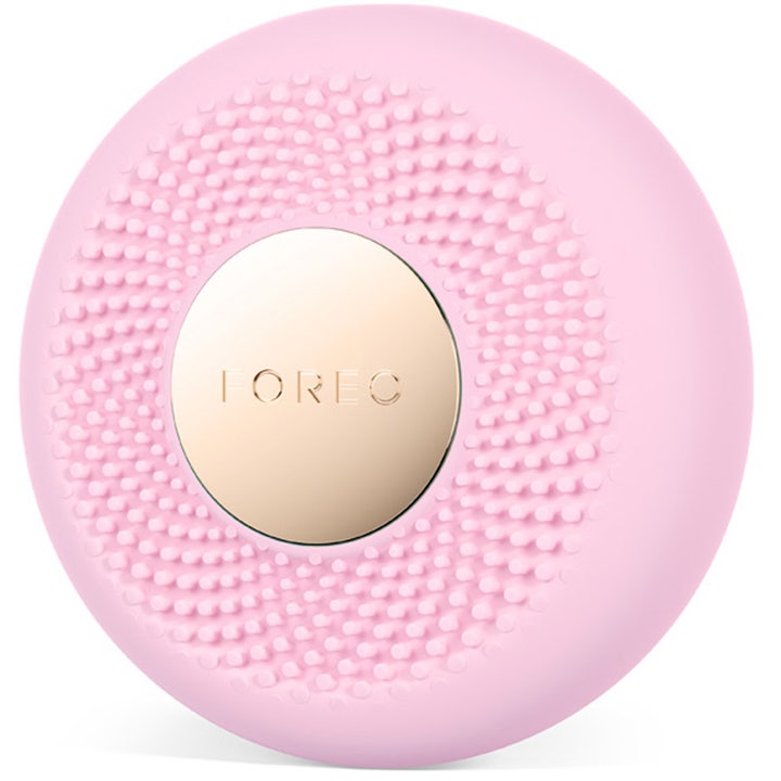 FOREO UFO™ 3 mini Pearl Pink 1 kpl syväkosteuttava kasvolaite on pyöreä vaaleanpunainen nystyräinen silikonilaite.