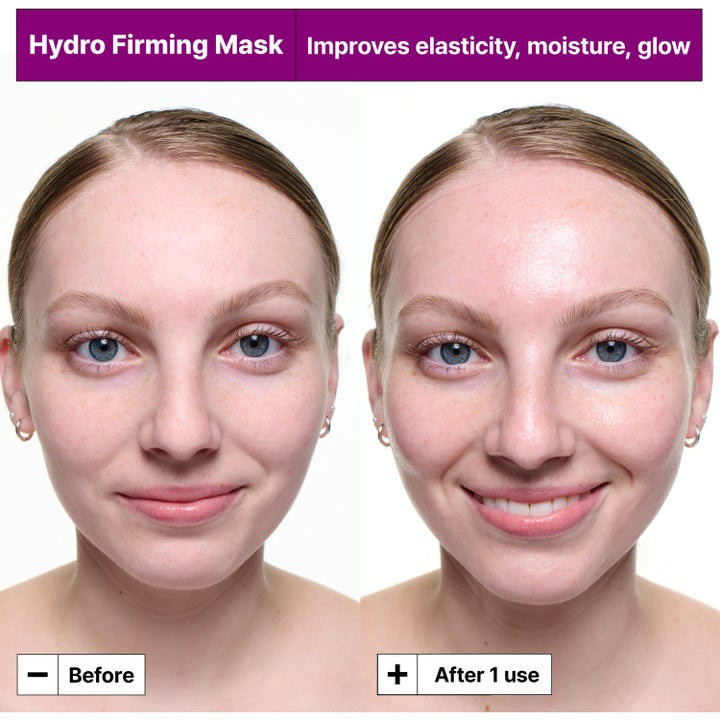 Dr.Jart+ Hydro Firming Mask 30 g kasvonaamio ennen ja jälkeen vertailussa kosteuttaa ja antaa iholle hehkua.