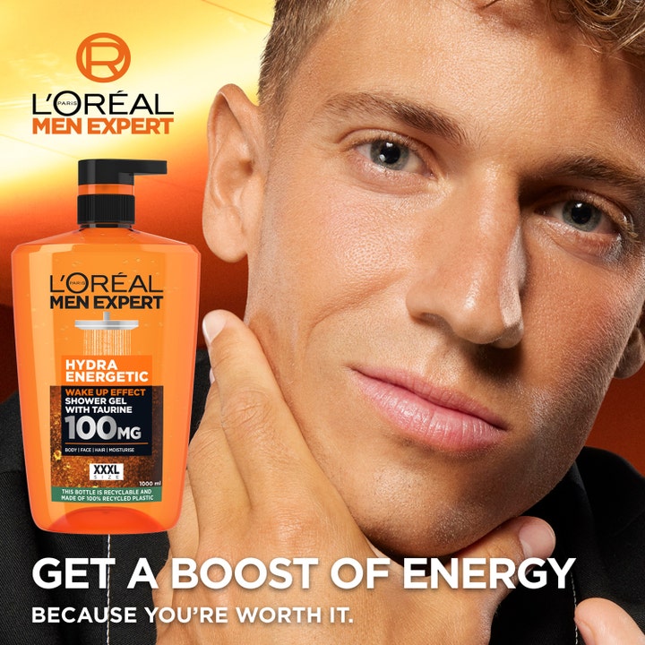 L'Oréal Paris Men Expert Hydra Energetic 1000 ml virkistävä suihkugeeli tauriinilla oranssissa pumppupullossa.