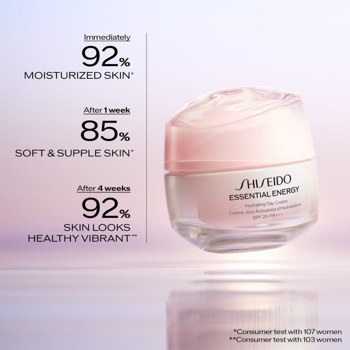 Shiseido Essential Energy Hydrating Day Cream 50 ml kosteuttava päivävoide punaisessa purkissa ja ihotuloksia.