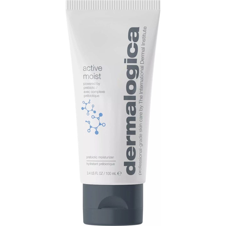 Dermalogica Active Moist prebiootteja sisältävä kosteuttava kasvovoide valkoisessa tuubissa harmaalla korkilla