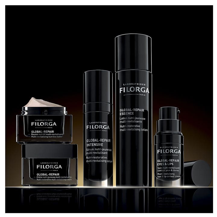 Filorga Global-Repair Balm 50 ml ravitseva kasvovoide tyylikkäässä mustassa sarjassa tummalla taustalla.