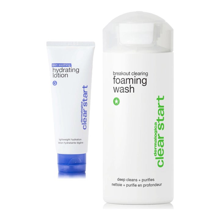 Dermalogica Clear Start puhdistava vaahto ja kosteusvoide epäpuhtauksille valkoisessa pullossa ja tuubissa.