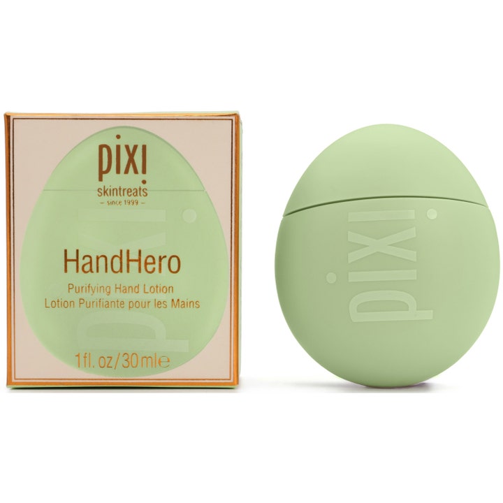 Pixi Hand Hero 30 ml puhdistava käsivoide vaaleanvihreässä soikeassa pakkauksessa ja pahvirasiassa.