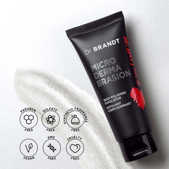 Dr Brandt Microdermabrasion Body Exfoliator 100 g silottava vartalokuorinta mustassa tuubissa rakeisella koostumuksella.
