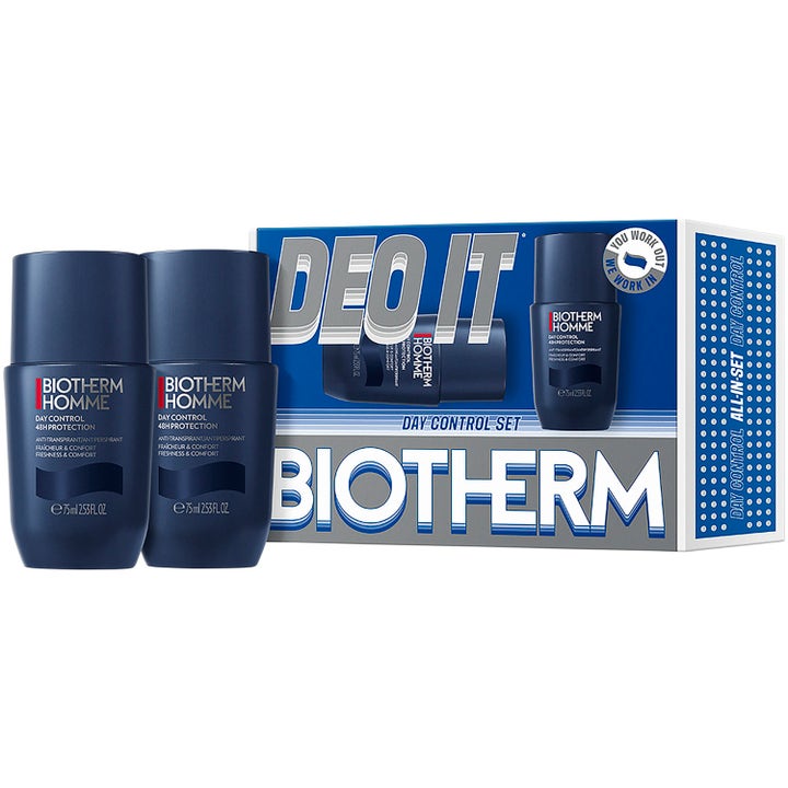 Biotherm Homme Day Control Set 2 x 75 ml 48h suojaava antiperspirantti kaksi tummansinistä roll-on-pulloa ja pakkaus
