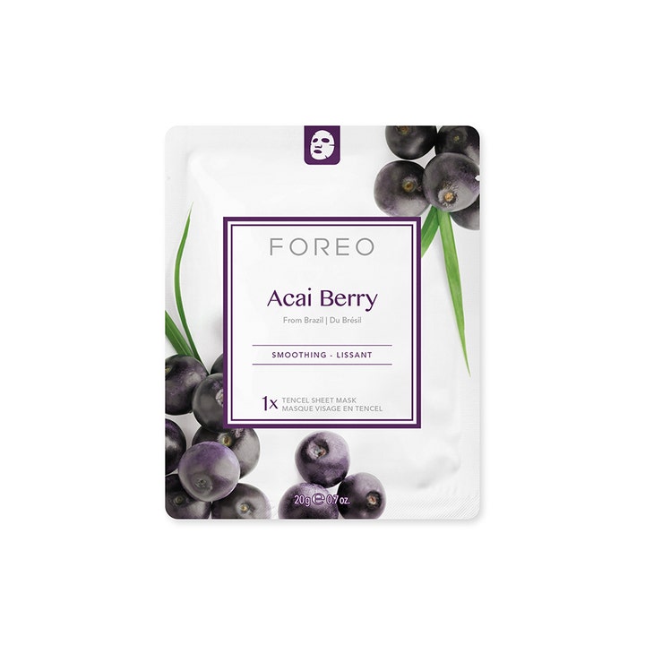 FOREO Farm To Face Acai Berry 20 g silottava kangasnaamio, jossa on kuvattu tummia acai-marjoja.