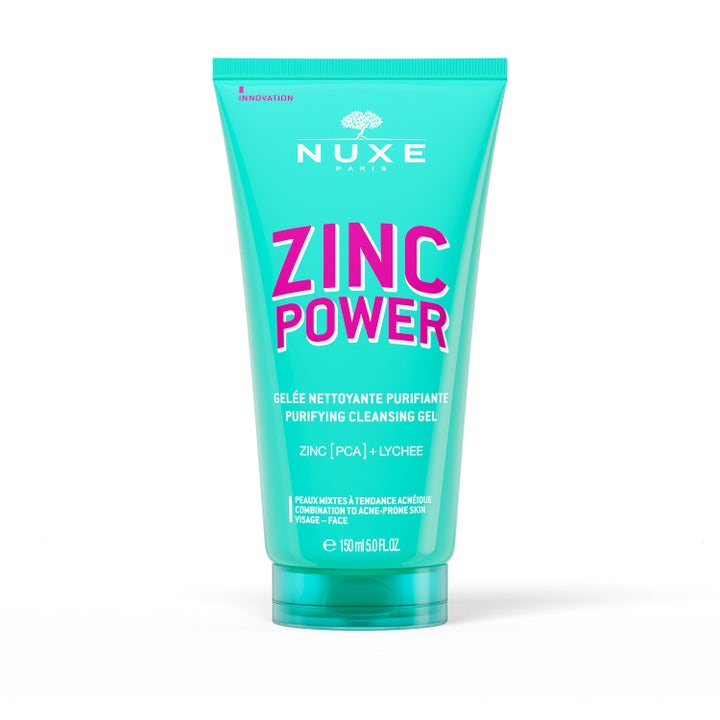 Nuxe Zinc Power Purifying Cleansing Gel 150 ml syväpuhdistava geeli kirkastaa ihoa turkoosissa tuubissa pinkillä tekstillä
