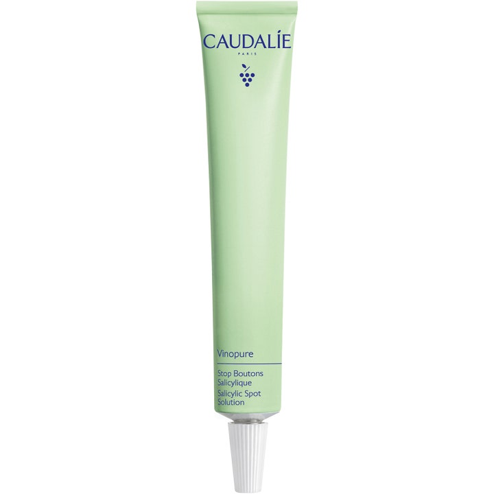Caudalie Vinopure Salicylic Spot Solution 15 ml täsmähoito vähentää epäpuhtauksia vaaleanvihreässä tuubissa.