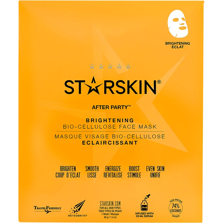 Starskin After Party Brightening Bio-Cellulose Face Mask 40 g kirkastava kangasnaamio oranssissa pakkauksessa