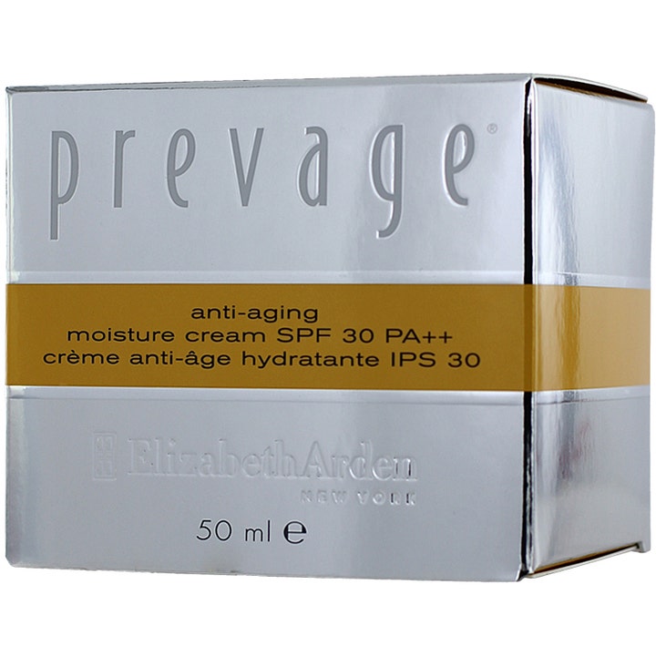 Elizabeth Arden Prevage Anti-Aging Moisture Cream SPF30 50 ml anti-aging aurinkovoide kasvoille hopeisessa pakkauksessa.