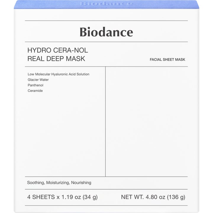 Biodance Hydro Cera-nol Real Deep Mask 4 kpl rauhoittava kangasmaski valkoisessa pahvipakkauksessa.
