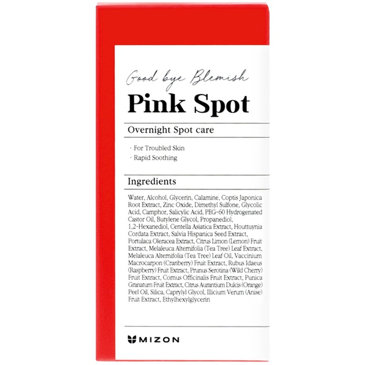 Mizon Good Bye Blemish Pink Spot 19 ml rauhoittava täsmähoito epäpuhtauksille punavalkoisessa pakkauksessa.