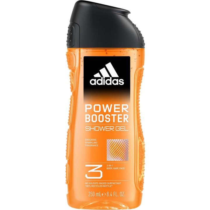 Adidas Power Booster Shower Gel 250 ml virkistävä 3-in-1 suihkugeeli oranssissa pullossa mustalla korkilla