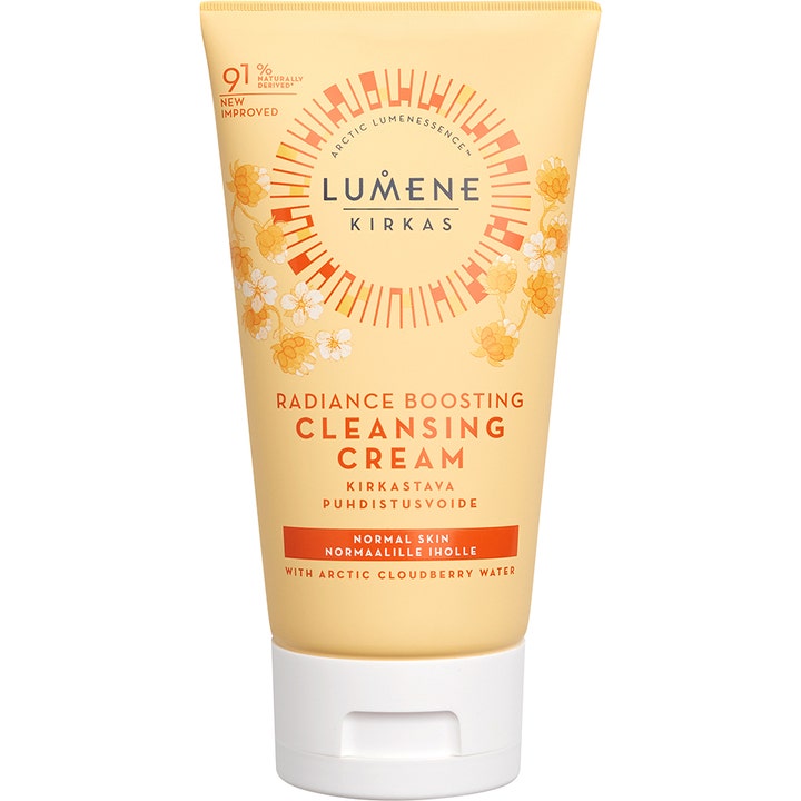 Lumene Kirkas Radiance Boosting Cleansing Cream kirkastava puhdistusvoide keltaisessa tuubissa lakkakuvioilla.
