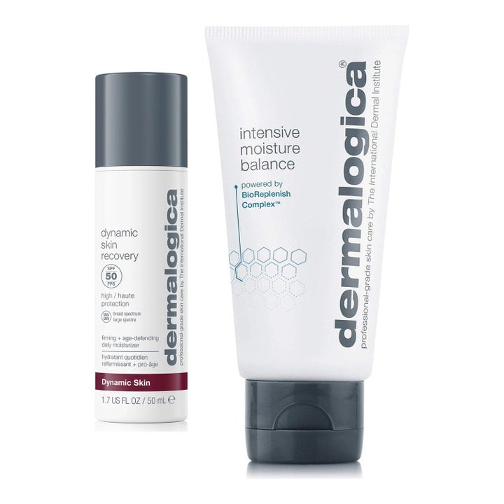 Dermalogica Dynamic Skin Recovery 50 ml ja Intensive Moisture Balance kosteuttava setti valkoisessa pullossa ja tuubissa.