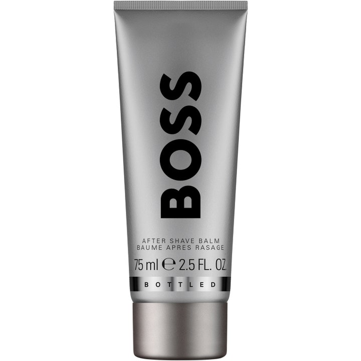 Hugo Boss Bottled 75 ml rauhoittava after shave balm harmaassa tuubissa mustalla logolla ja harmaalla korkilla.
