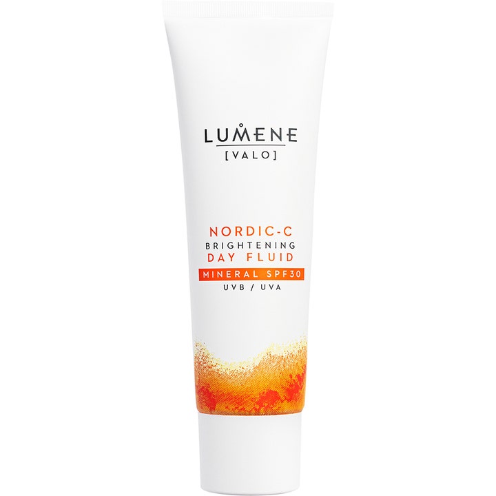 Lumene Nordic-C Brightening Day Fluid 50 ml heleyttävä mineraalipäivävoide SPF 30 valkoisessa tuubissa oranssilla kuviolla