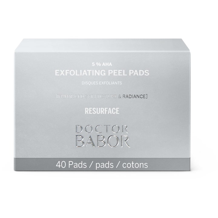 Babor DOC Exfoliating Peel Pads 40 kpl kirkastava kuorinta harmaassa 5 % AHA-pakkauksessa.