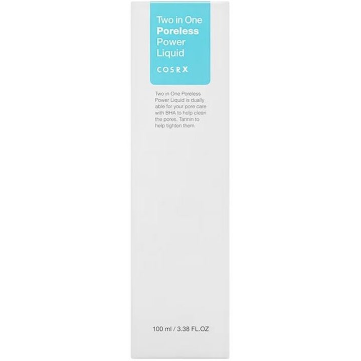 COSRX Two In One Poreless Power Liquid 100 ml huokosia supistava kasvovesi valkoisessa pahvipakkauksessa sinisellä etiketillä