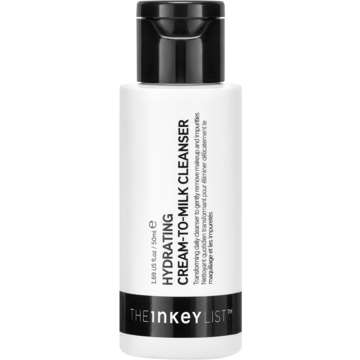The Inkey List Hydrating Cream-to-Milk Cleanser 50 ml kosteuttava puhdistusaine valkoisessa pullossa mustalla korkilla.