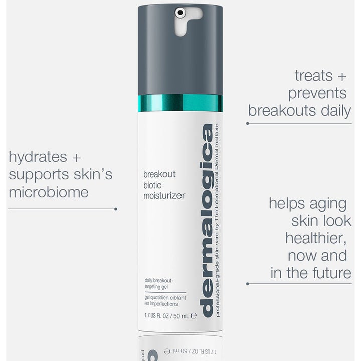 Dermalogica Breakout Biotic Moisturizer 50 ml kosteuttava kasvovoide epäpuhtauksille valkoisessa pumppupullossa.