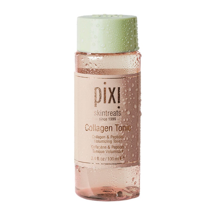 Pixi Collagen Tonic 100 ml kiinteyttävä kasvovesi vesipisaroiden peittämässä pullossa vaaleanvihreällä korkilla.