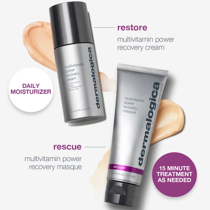 Dermalogica Stressed Skin Recovery System elvyttävä voide ja naamio sekä täyteläinen koostumus.