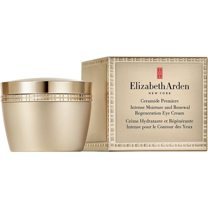 Elizabeth Arden Ceramide Premiere Regeneration Eye Cream uudistava silmänympärysvoide kultaisessa purkissa ja pakkauksessa