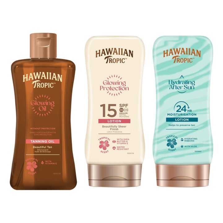 Hawaiian Tropic aurinkorasva setti suojaa ihoa sisältäen ruskean öljyn kermanvärisen voiteen ja turkoosin after sunin.