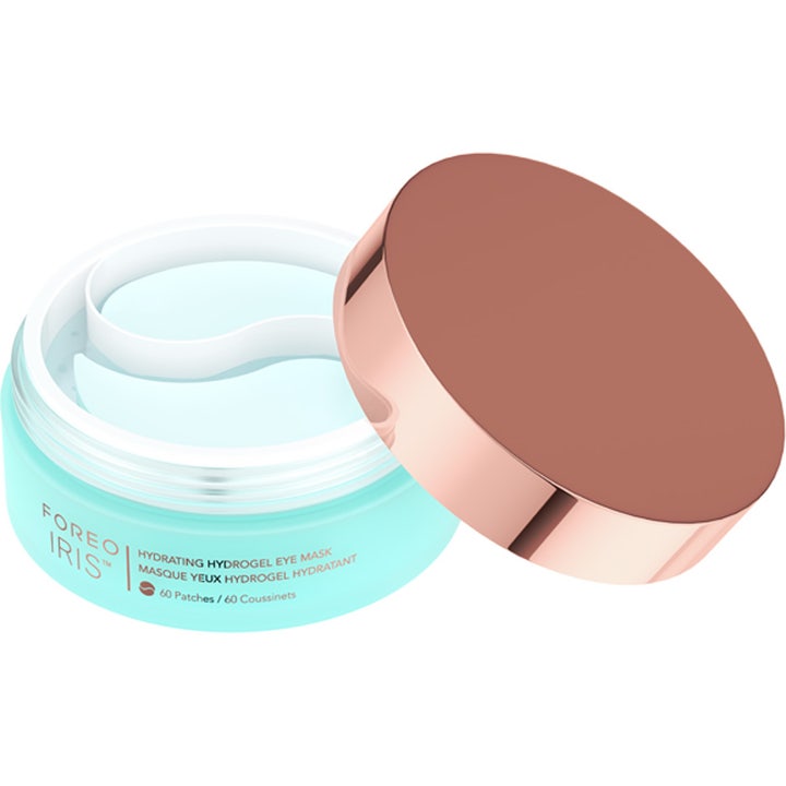 FOREO IRIS Hydrating Hydrogel Eye Mask 60 g kosteuttavat silmänympäryslaput turkoosissa purkissa ja ruusukultainen kansi