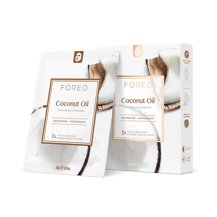 Foreo Coconut Oil 3x20g ravitseva kangasnaamio valkoisessa pussissa ja rasiassa, joissa on kookospähkinän kuva.