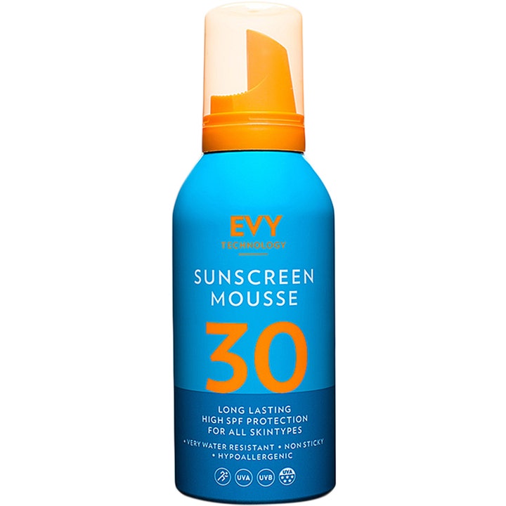 EVY Technology Sunscreen Mousse SPF 30 pitkäkestoinen aurinkosuojavaahto sinisessä pullossa oranssilla korkilla