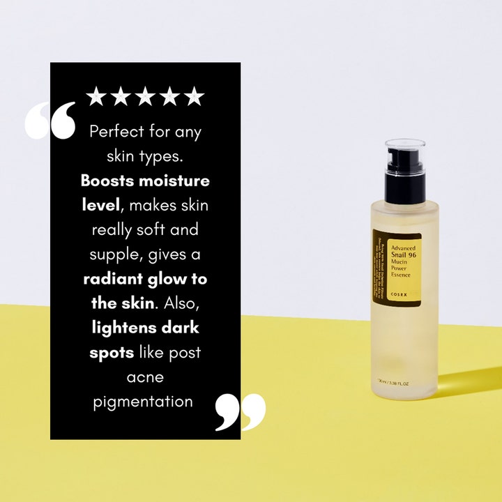 COSRX Advanced Snail 96 Mucin Power Essence 100 ml kosteuttava hoitoneste ja 5 tähden arvosteluteksti