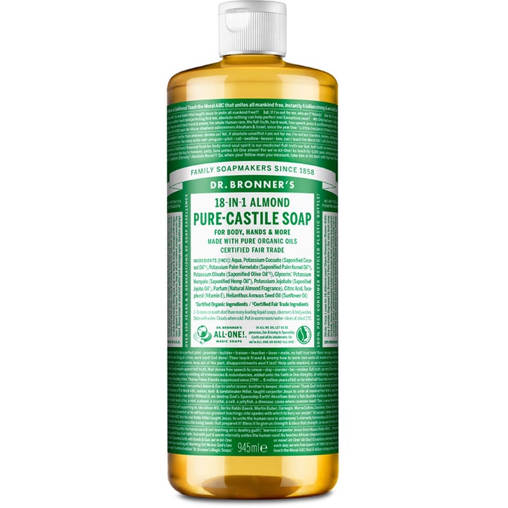 Dr. Bronner's 18-in-1 Almond Pure-Castile Soap 945 ml nestesaippua keltaisessa pullossa vihreällä tekstietiketillä