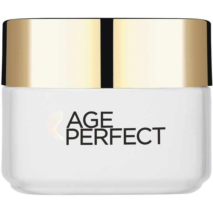 L'Oréal Paris Age Perfect 50 ml kiinteyttävä kasvovoide valkoisessa lasipurkissa, jossa on tyylikäs kultainen korkki.