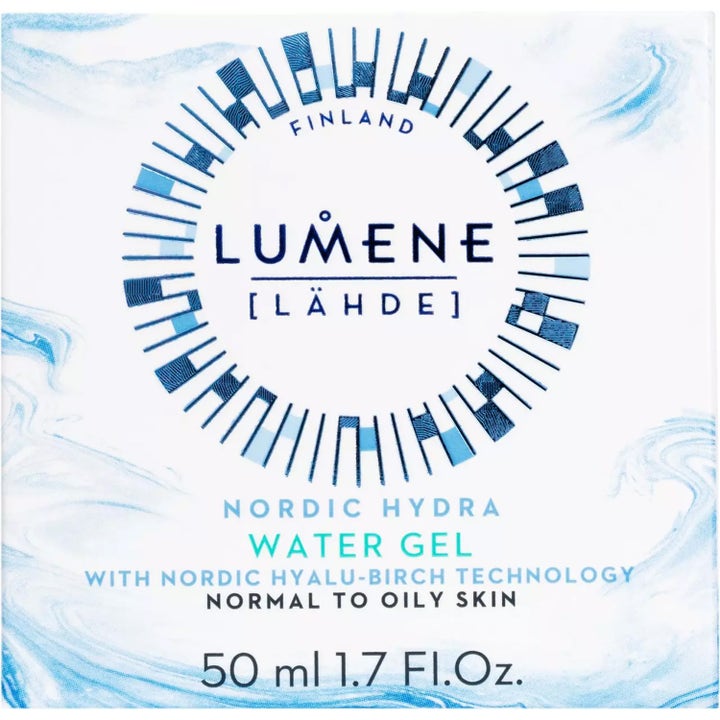 Lumene Nordic Hydra Water Gel 50 ml kosteuttava kasvovoide vaaleansinisessä pahvipakkauksessa.