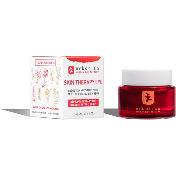 Erborian Skin Therapy Eye 15 ml silmänympärysvoide niasiiniamidilla punaisessa purkissa ja kuvitetussa pakkauksessa.