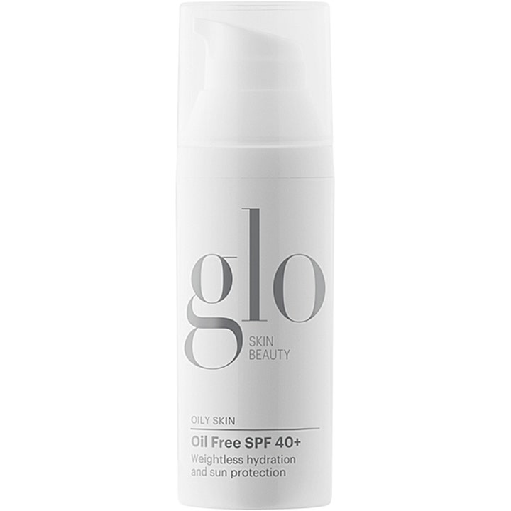 Glo Skin Beauty Oil Free SPF 40+ 50 ml kosteuttava aurinkosuoja valkoisessa pumppupullossa.