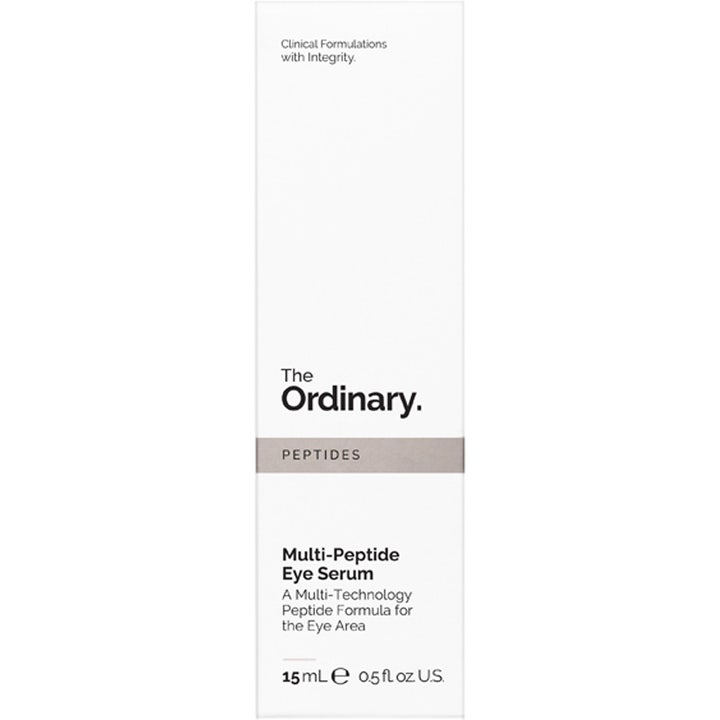 The Ordinary Multi-Peptide Eye Serum 15 ml silmänympärysseerumi valkoisessa pahvipakkauksessa jossa on harmaa raita