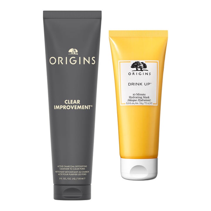 Origins Clear Improvement 150 ml ja Drink Up 75 ml syväpuhdistava ja kosteuttava kasvonaamio harmaassa ja keltaisessa tuubissa