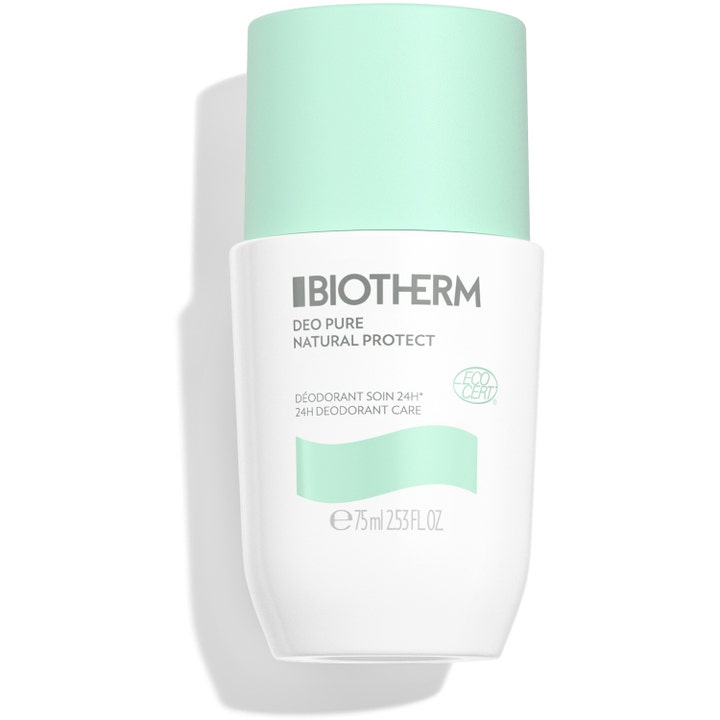 Biotherm Deo Pure Ecocert Roll-On 75 ml luonnonmukainen deodorantti valkoisessa pullossa mintunvihreällä korkilla.