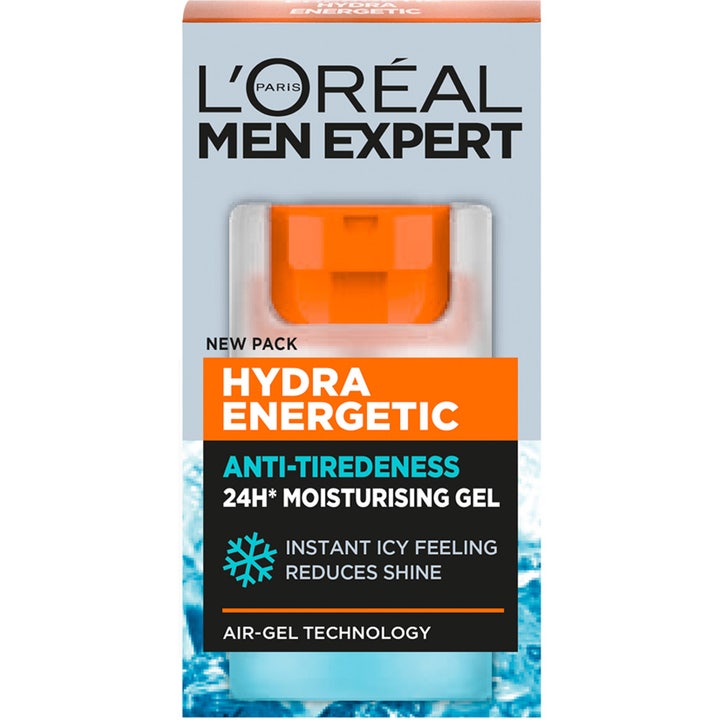 L'Oréal Paris Men Expert Hydra Energetic Quenching Gel 50 ml kosteuttava kasvogeeli harmaassa pakkauksessa.